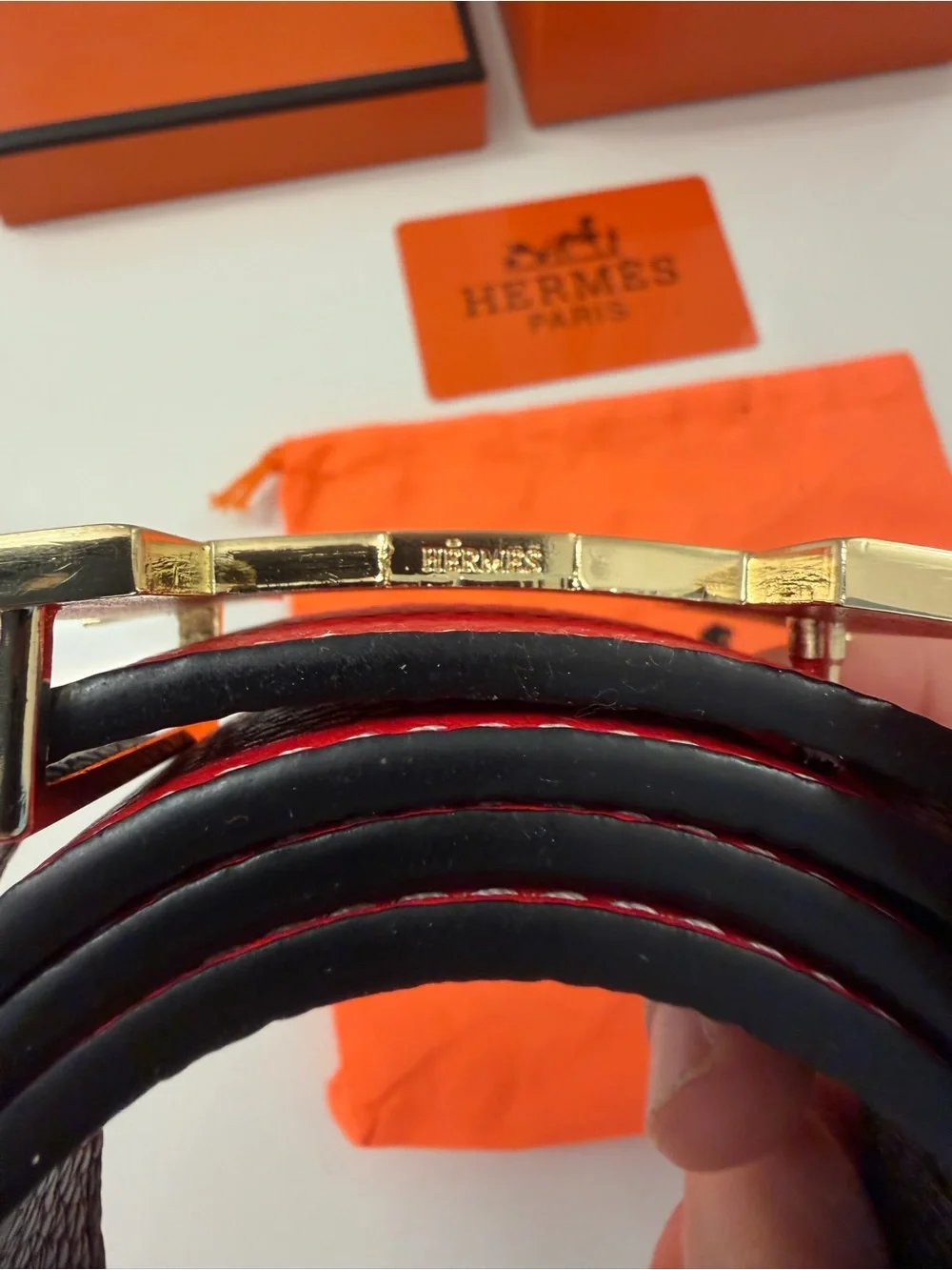 Hermès Reversible H Belt – Red & Black Leather, Gold H Buckle, Box & Dust Bag